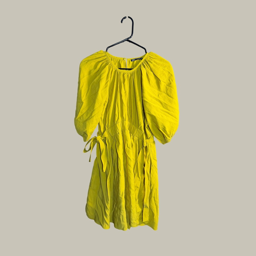 Zara Mustard Yellow Puff Sleeve Tie Waist Mini Dress XS Chartreuse Gold